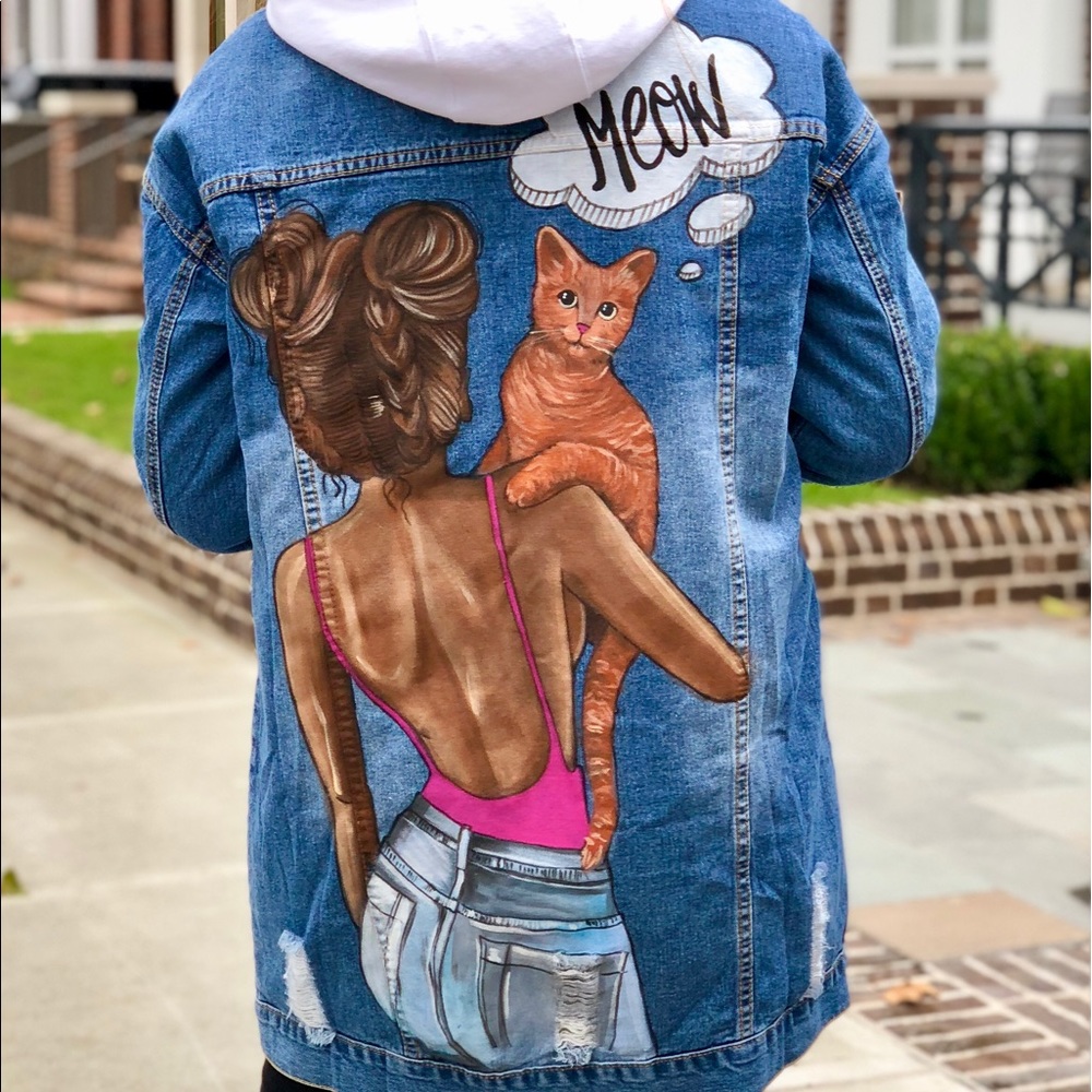 Warm Long Denim Jacket w Hand Painting